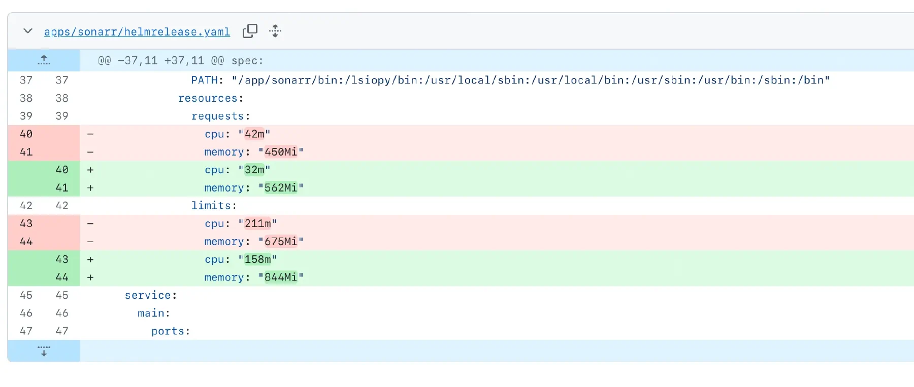 A resource tuning diff changing Sonarr CPU and memory requests