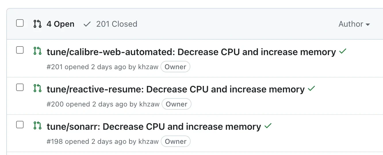 A list of resource tuning pull requests opened automatically