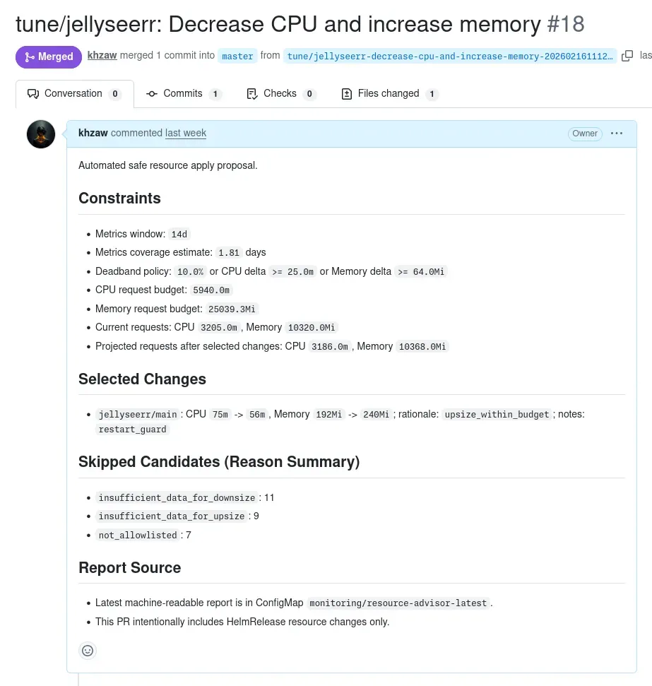 A tuning PR opened automatically by the resource-advisor CronJob